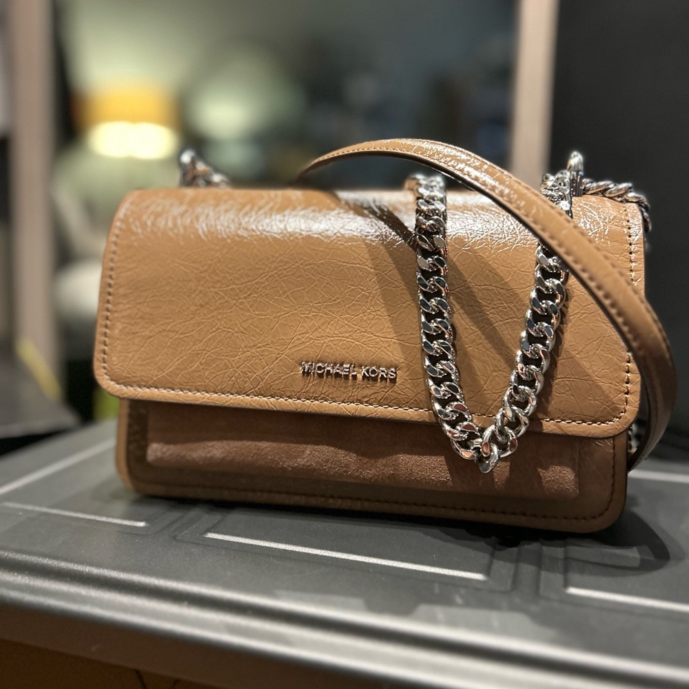 $298 Michael Kors Claire Large Shoulder Bag Brown Leather & Suede